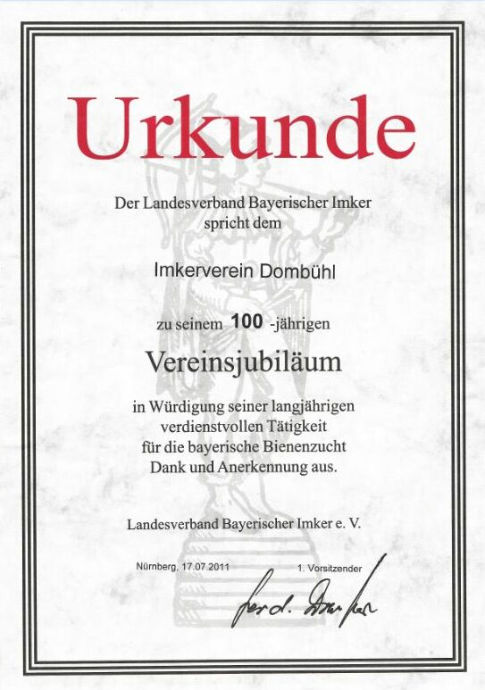 Gründungsurkunde des Imkerverein Dombühl von 1911