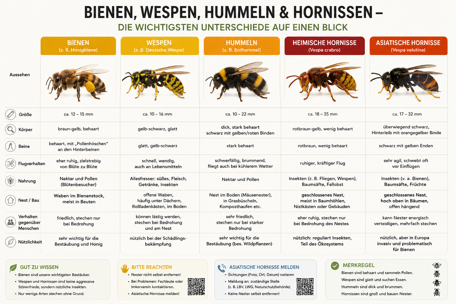 Vergleich Bienen, Wespen und Hummeln